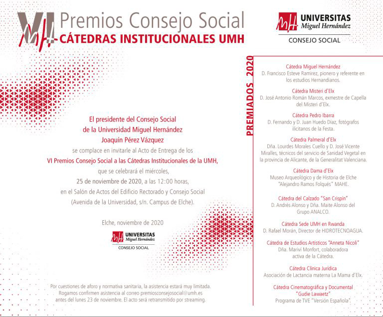 PREMIO: Acto Entrega VI Edición Premios Consejo Social. Cátedras Institucionales de la UMH